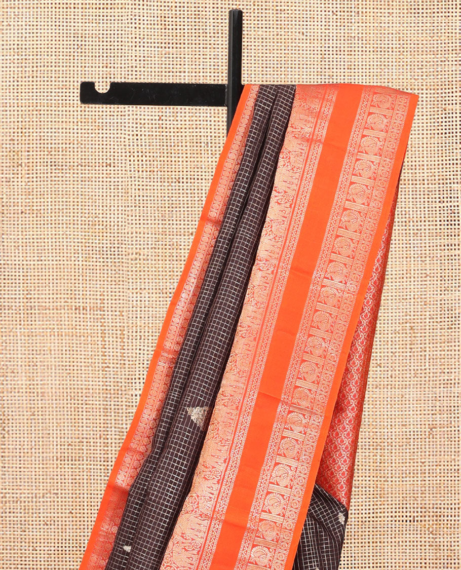 Brown Vasundhara Silk Saree, Woven with Zari Buttas and Checks, a Contrast Rettai Pettu Border of Yaanai, Mayil, and Neli Designs, Grand Pallu, and a Contrast Blouse