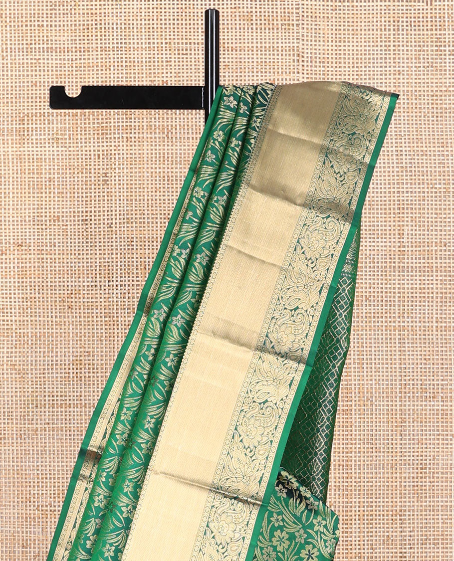 Green floral jacquard kancheepuram silk saree with self border of rekku, paun, banaras design floral pallu