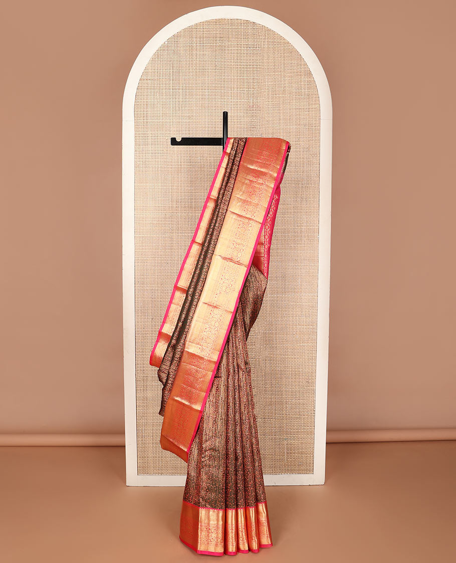 Brown jacquard wedding silk saree, contrast geometric pallu & border of thilakam mokku,rudraksham, lavangam, laddu kamalam, & jaal