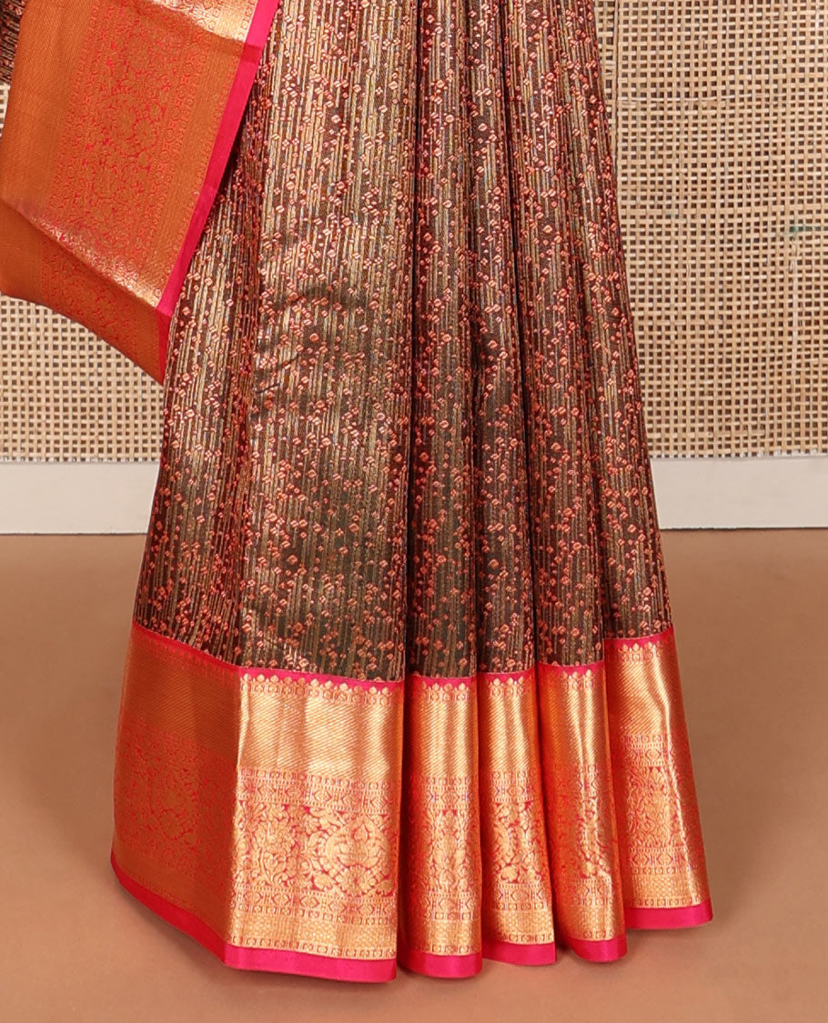 Brown jacquard wedding silk saree, contrast geometric pallu & border of thilakam mokku,rudraksham, lavangam, laddu kamalam, & jaal