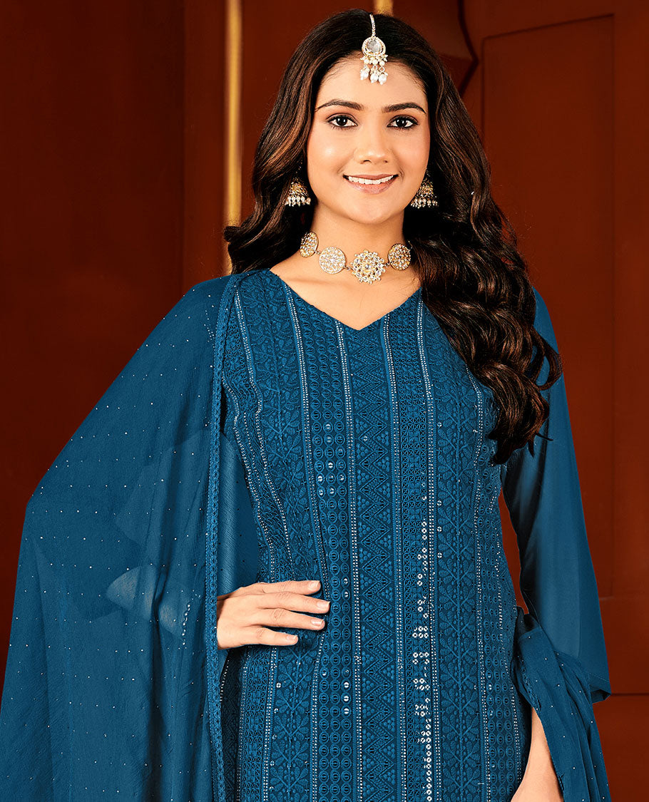Blue material catalogue chudidar set, chikankari-style thread embroidered with sequins work top, plain bottom, & micro-stone work dupatta