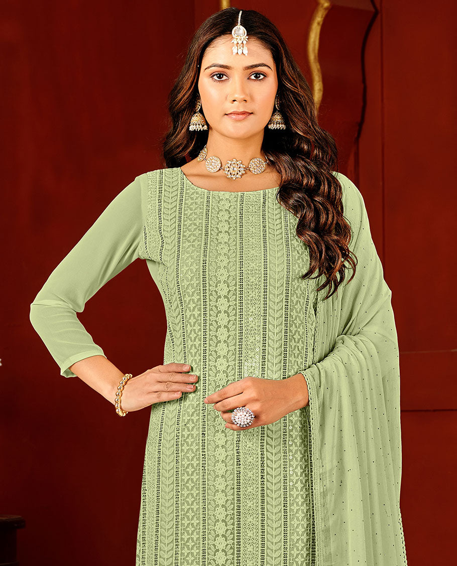 Pista green material catalogue chudidar set, chikankari-style thread embroidered & sequins work top, plain bottom, & micro-stone work dupatta