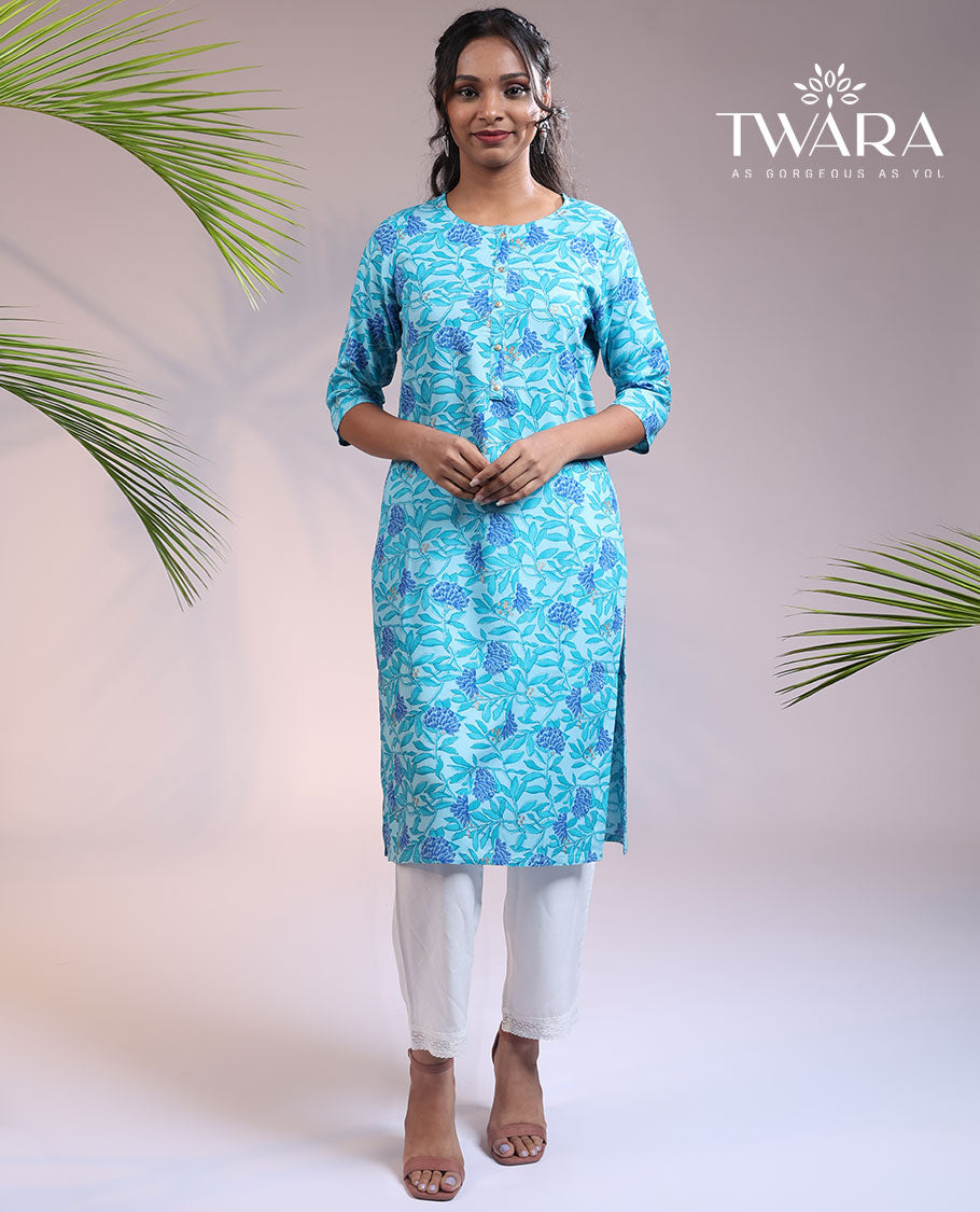 Twara blue floral vine printed round neck & 3/4th sleeve rayon straight-cut below-knee kurti