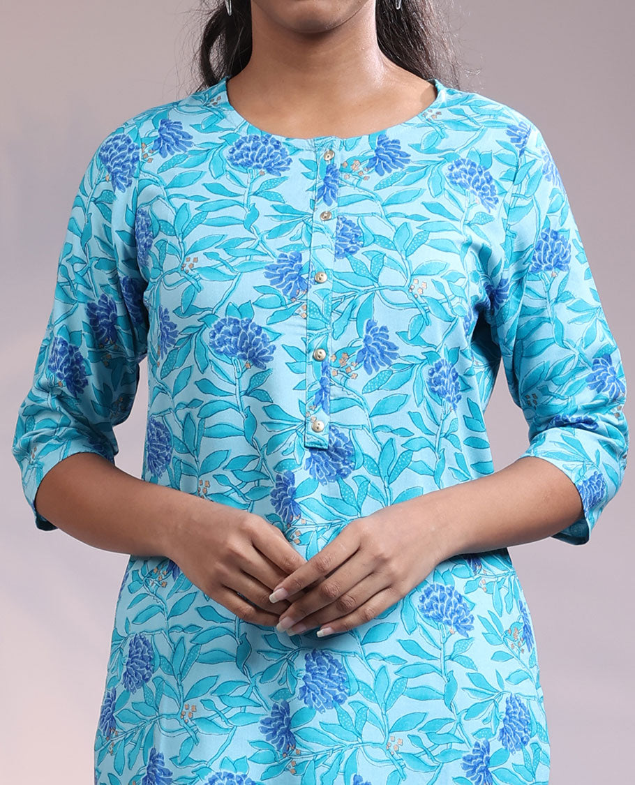 Twara blue floral vine printed round neck & 3/4th sleeve rayon straight-cut below-knee kurti