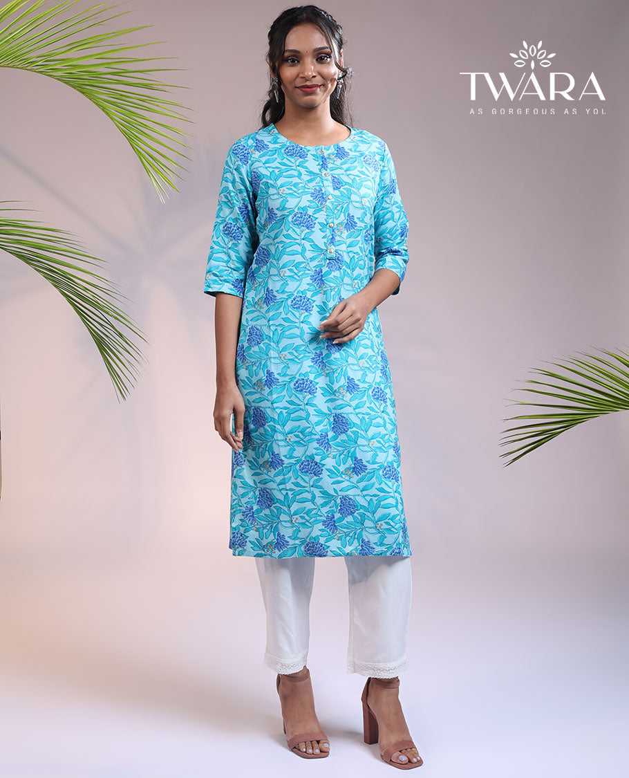 Twara blue floral vine printed round neck & 3/4th sleeve rayon straight-cut below-knee kurti