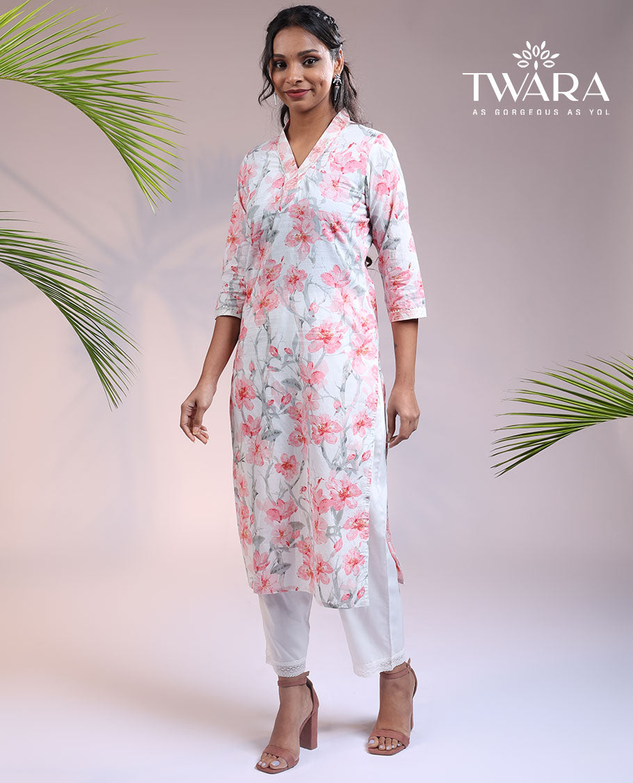Twara off-white floral vine printed V-neck & 3/4th sleeve rayon straight-cut below-knee kurti