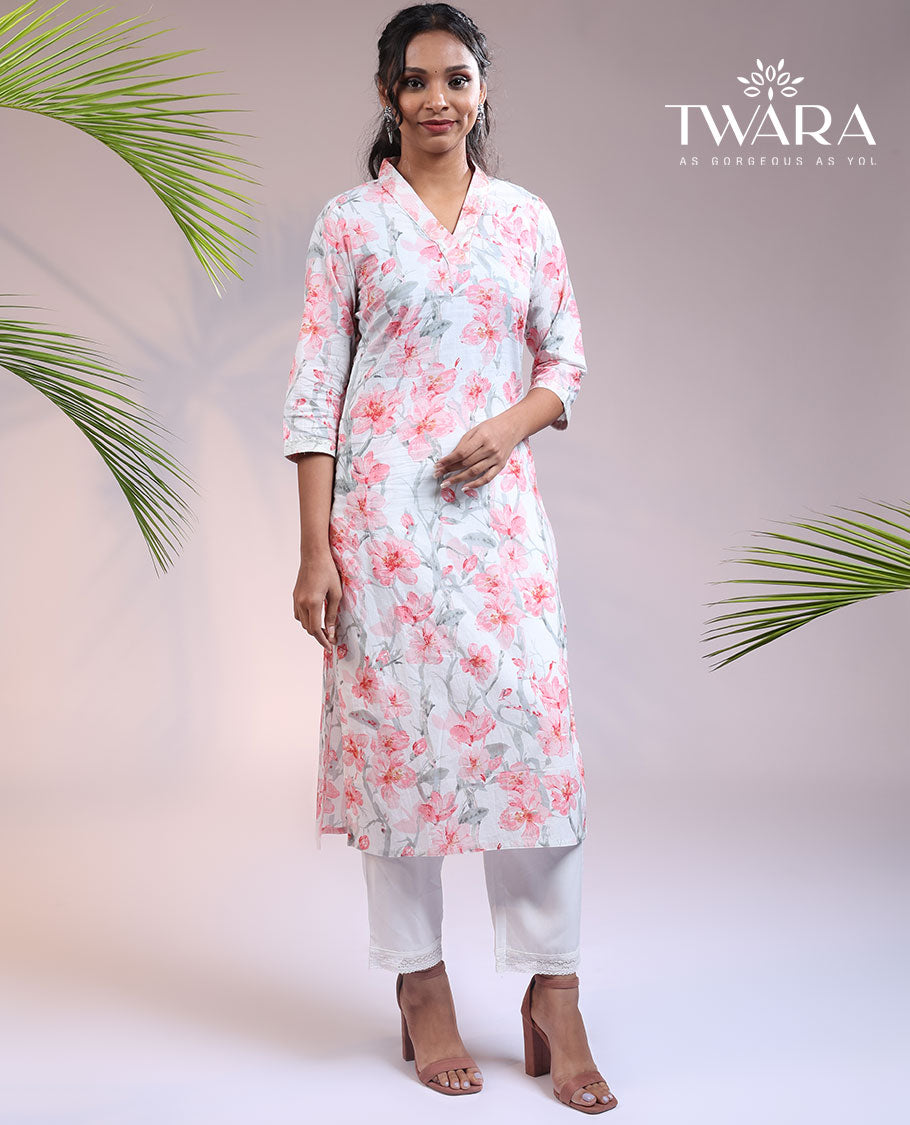 Twara off-white floral vine printed V-neck & 3/4th sleeve rayon straight-cut below-knee kurti