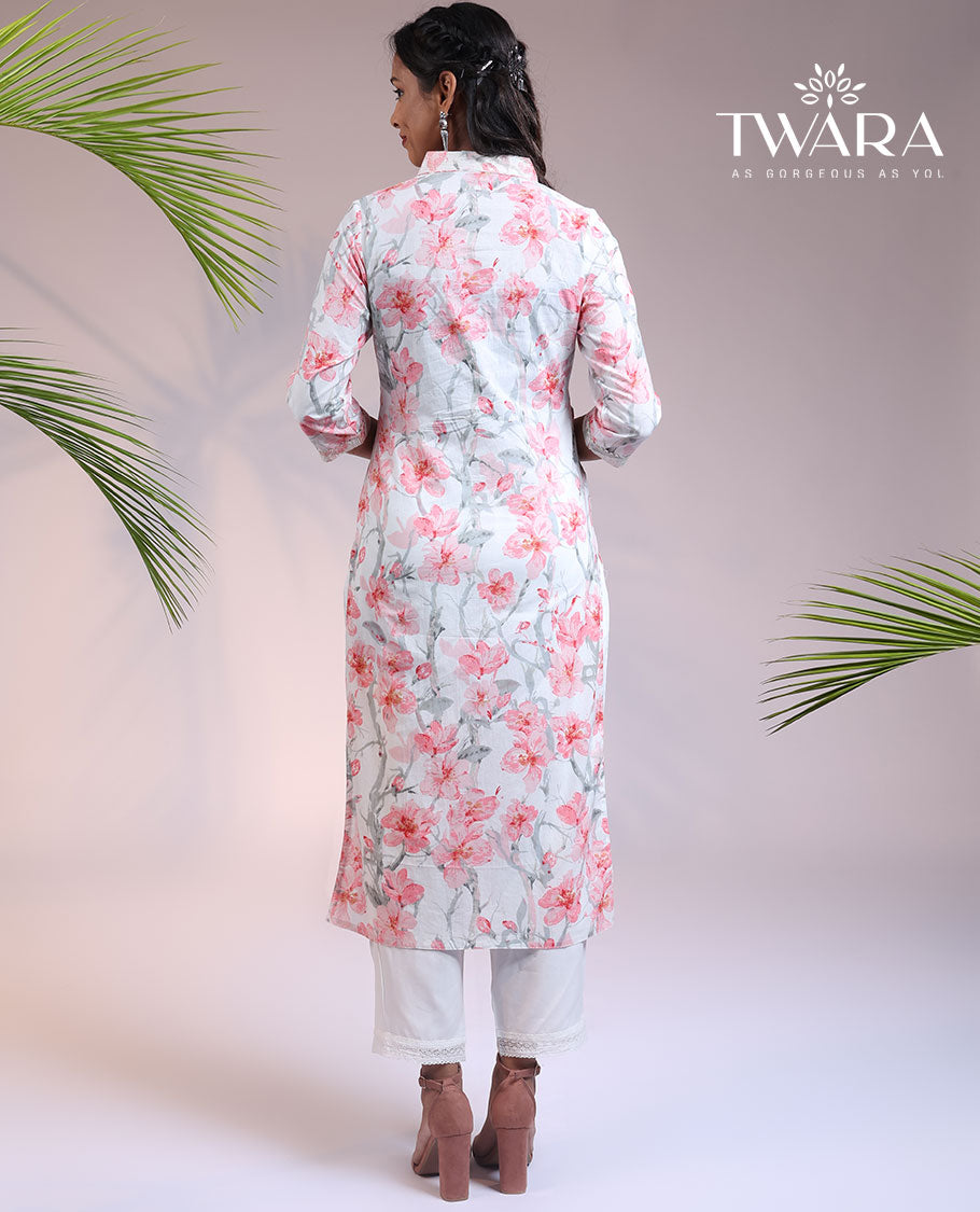 Twara off-white floral vine printed V-neck & 3/4th sleeve rayon straight-cut below-knee kurti