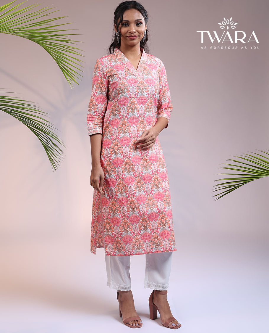 Twara pink intricately printed V-neck & 3/4th sleeve cotton straight-cut below-knee kurti
