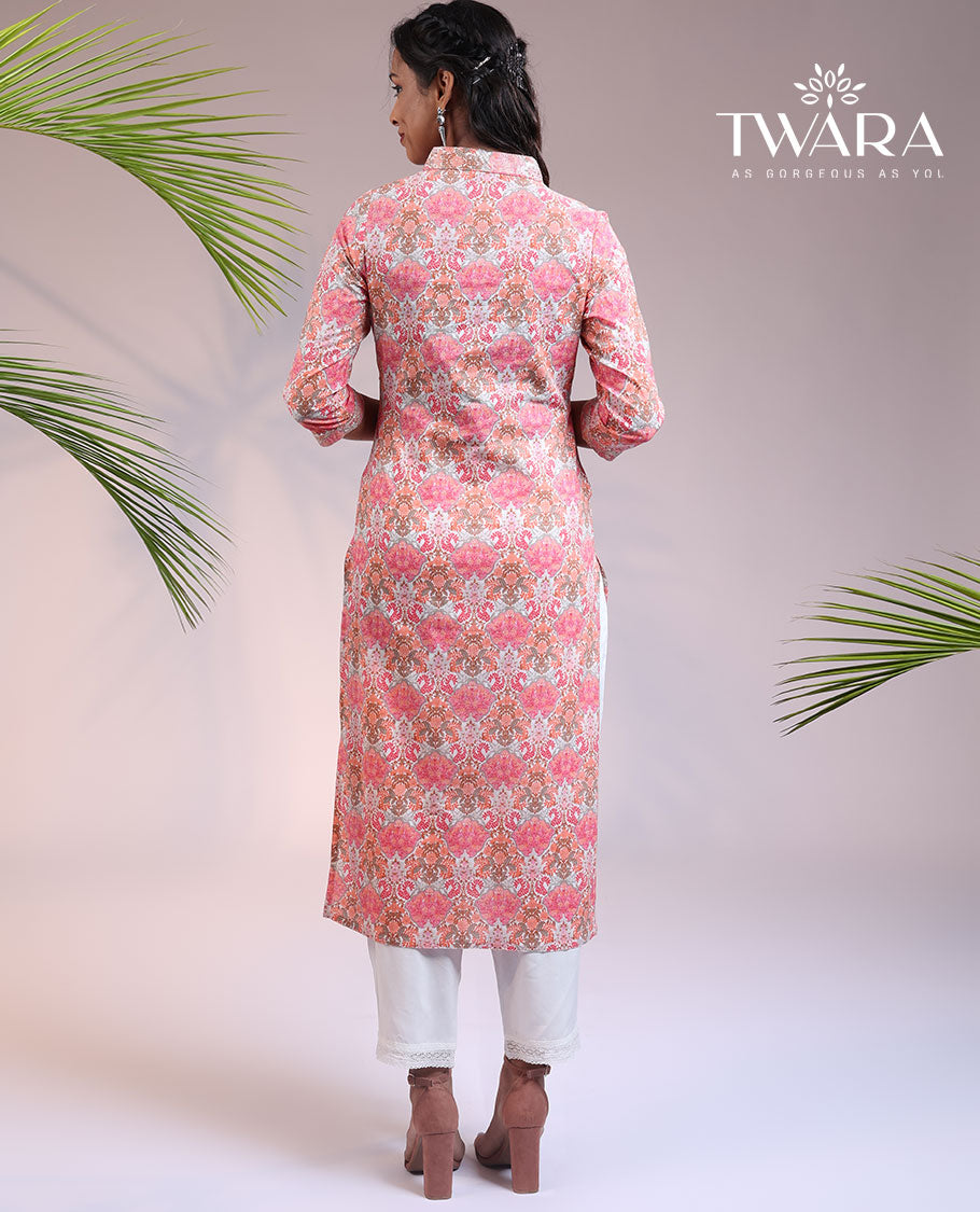 Twara pink intricately printed V-neck & 3/4th sleeve cotton straight-cut below-knee kurti