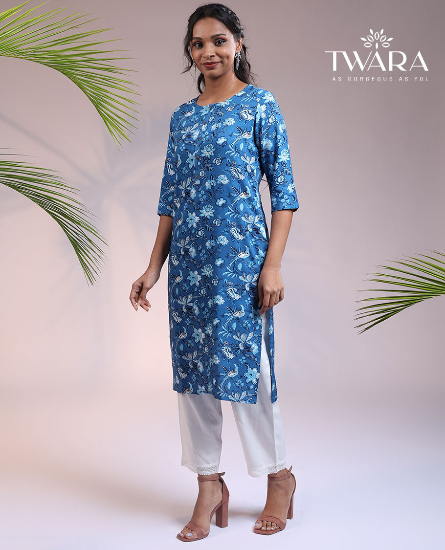 Twara blue floral printed round neck & 3/4th sleeve rayon straight-cut below-knee kurti
