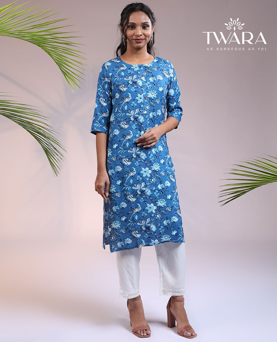Twara blue floral printed round neck & 3/4th sleeve rayon straight-cut below-knee kurti