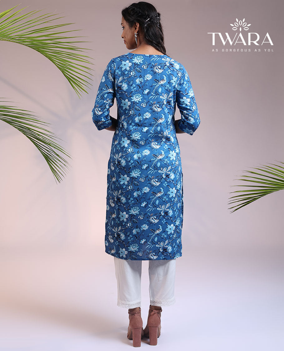 Twara blue floral printed round neck & 3/4th sleeve rayon straight-cut below-knee kurti