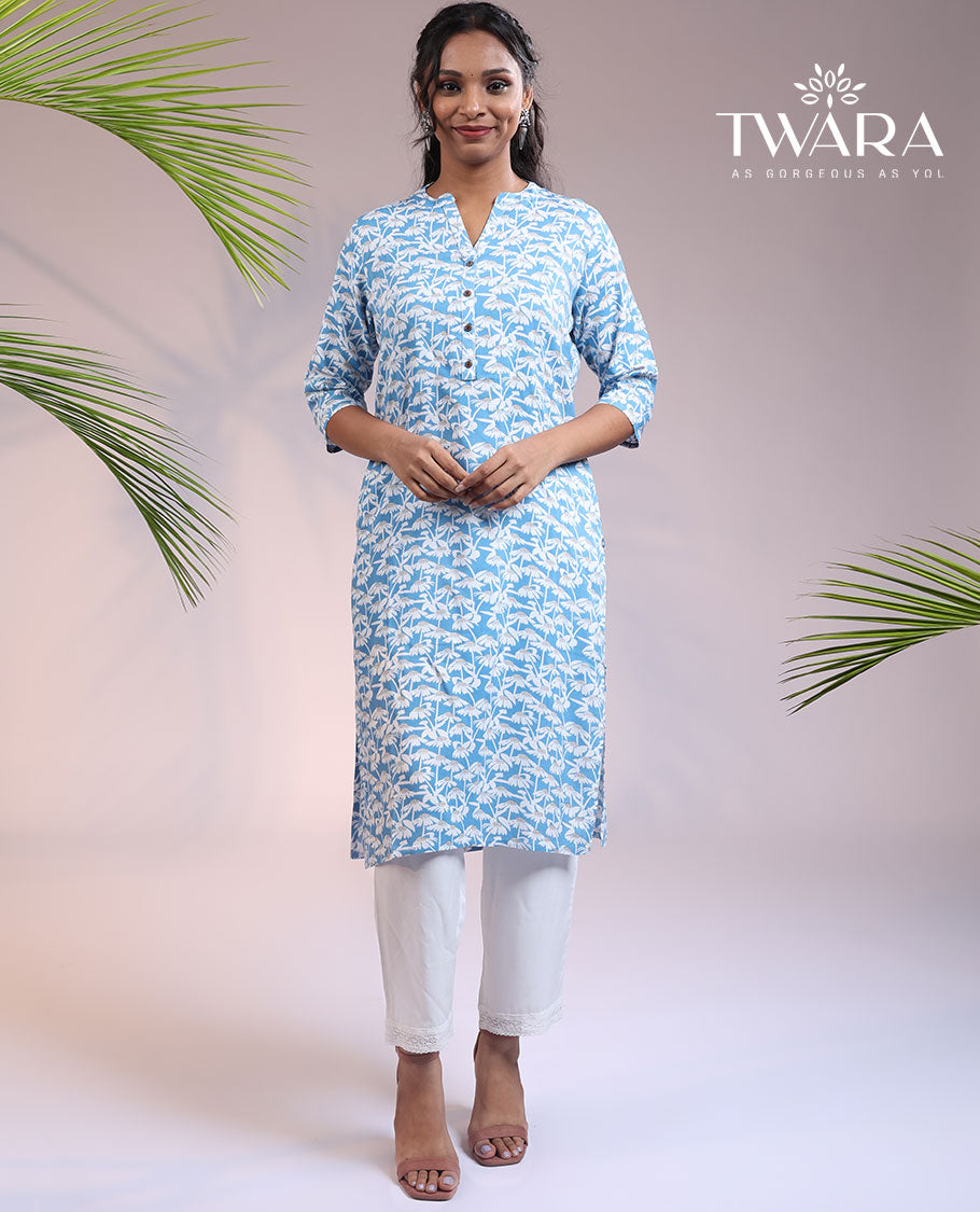 Twara blue floral Chinese collar & 3/4th sleeve rayon straight-cut below-knee kurti