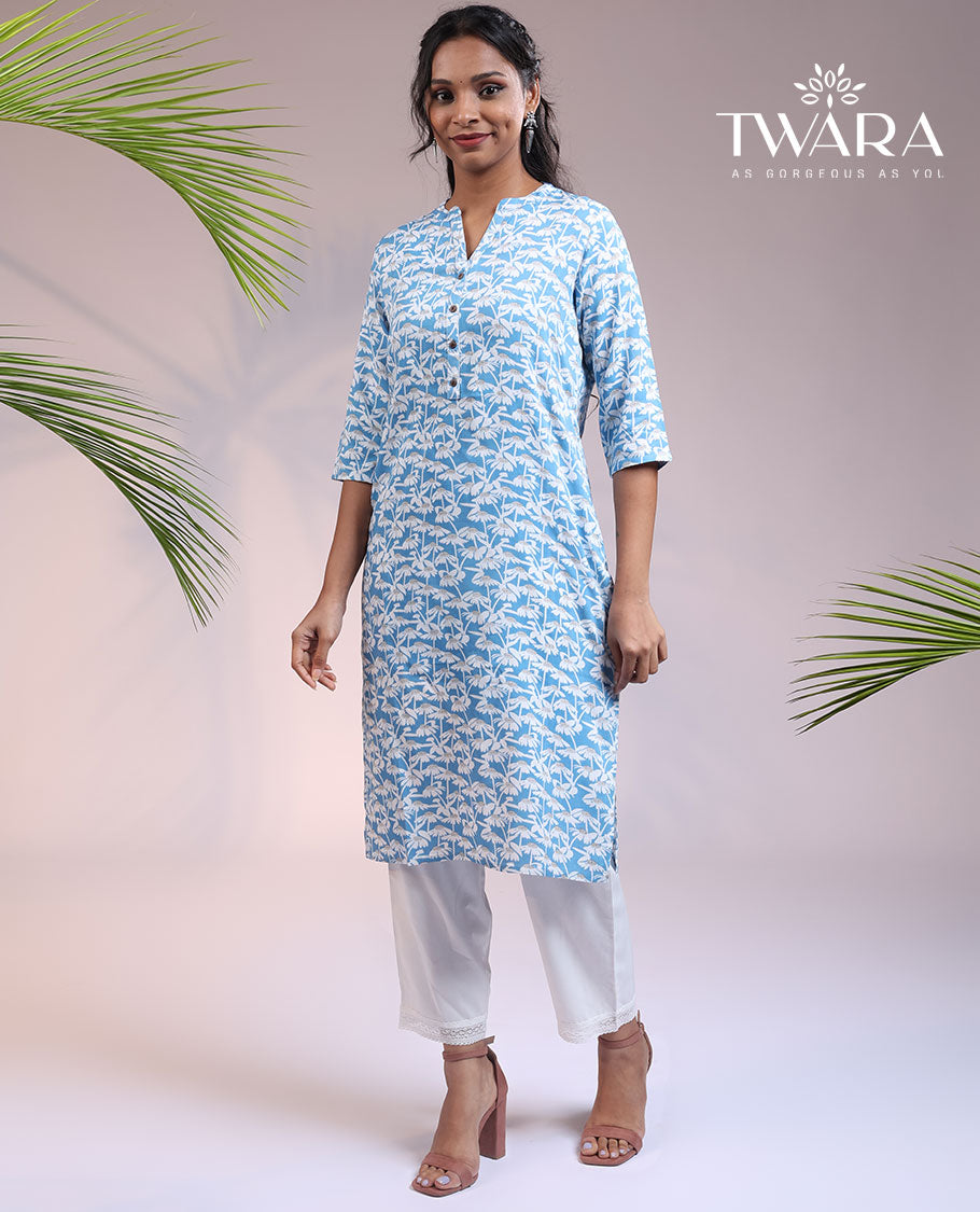 Twara blue floral Chinese collar & 3/4th sleeve rayon straight-cut below-knee kurti
