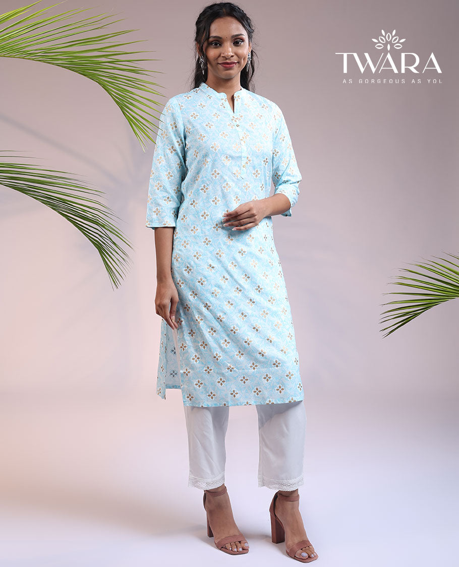 Twara pale blue unique buttas Chinese collar & 3/4th sleeve rayon straight-cut below-knee kurti