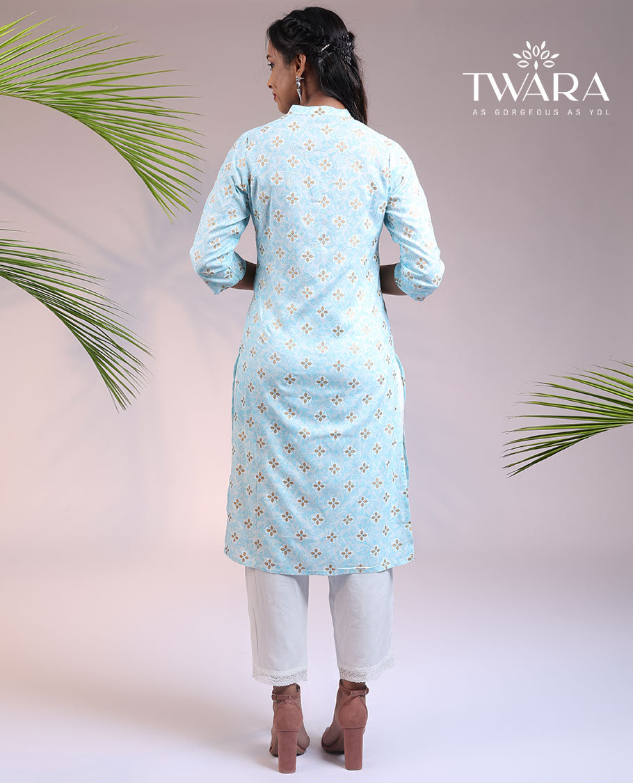 Twara pale blue unique buttas Chinese collar & 3/4th sleeve rayon straight-cut below-knee kurti
