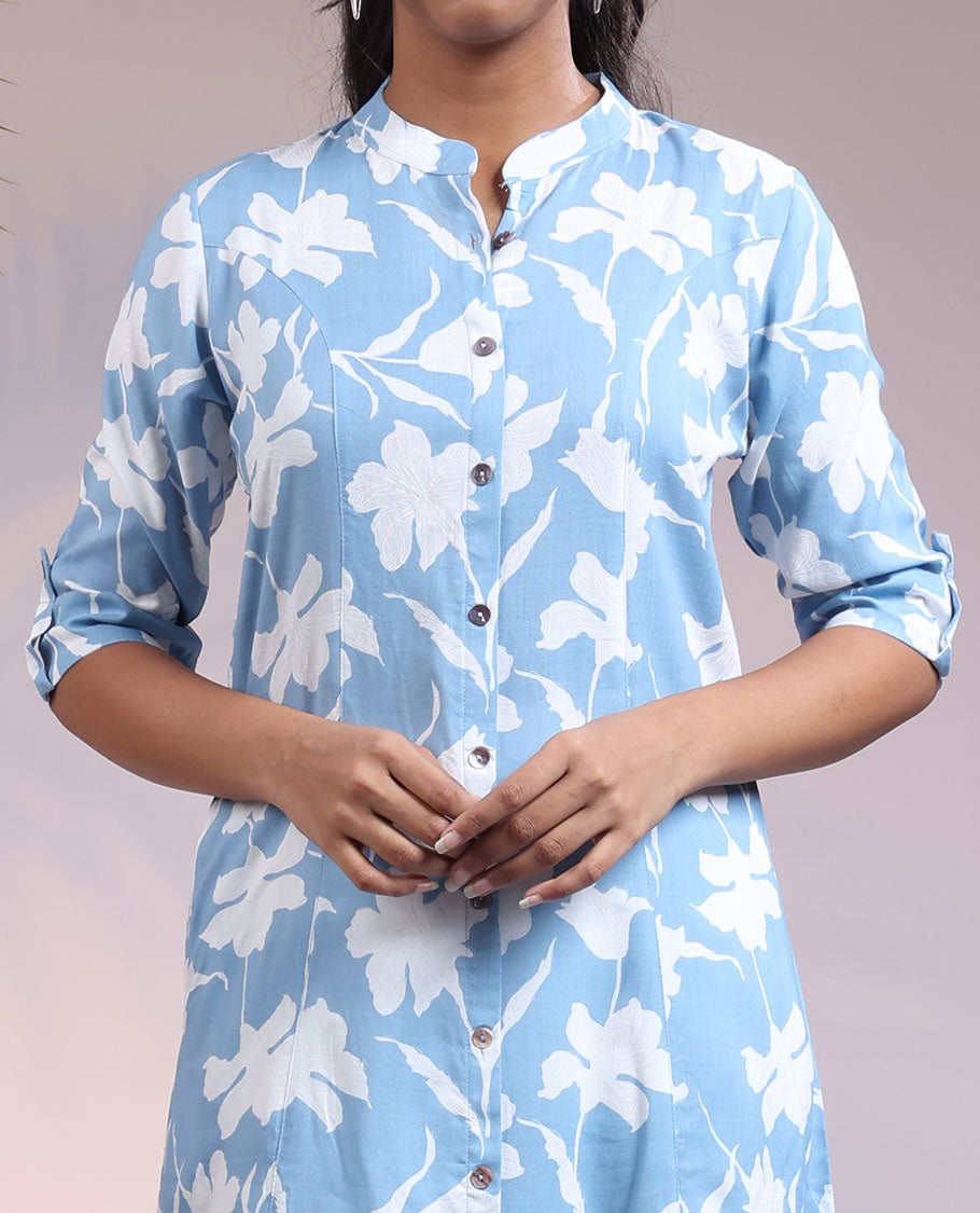 Twara blue floral vine printed Chinese collar & 3/4th sleeve rayon straight-cut below-knee kurti