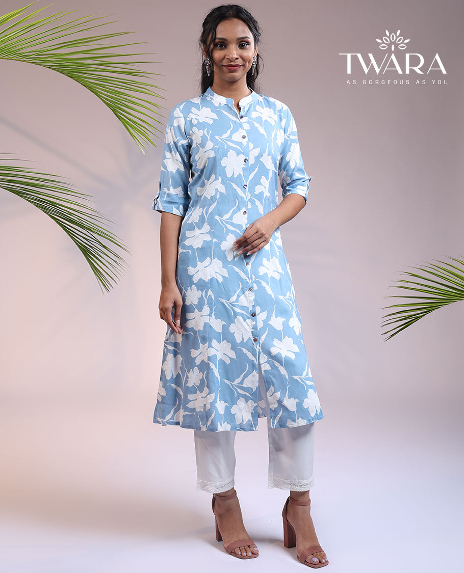 Twara blue floral vine printed Chinese collar & 3/4th sleeve rayon straight-cut below-knee kurti