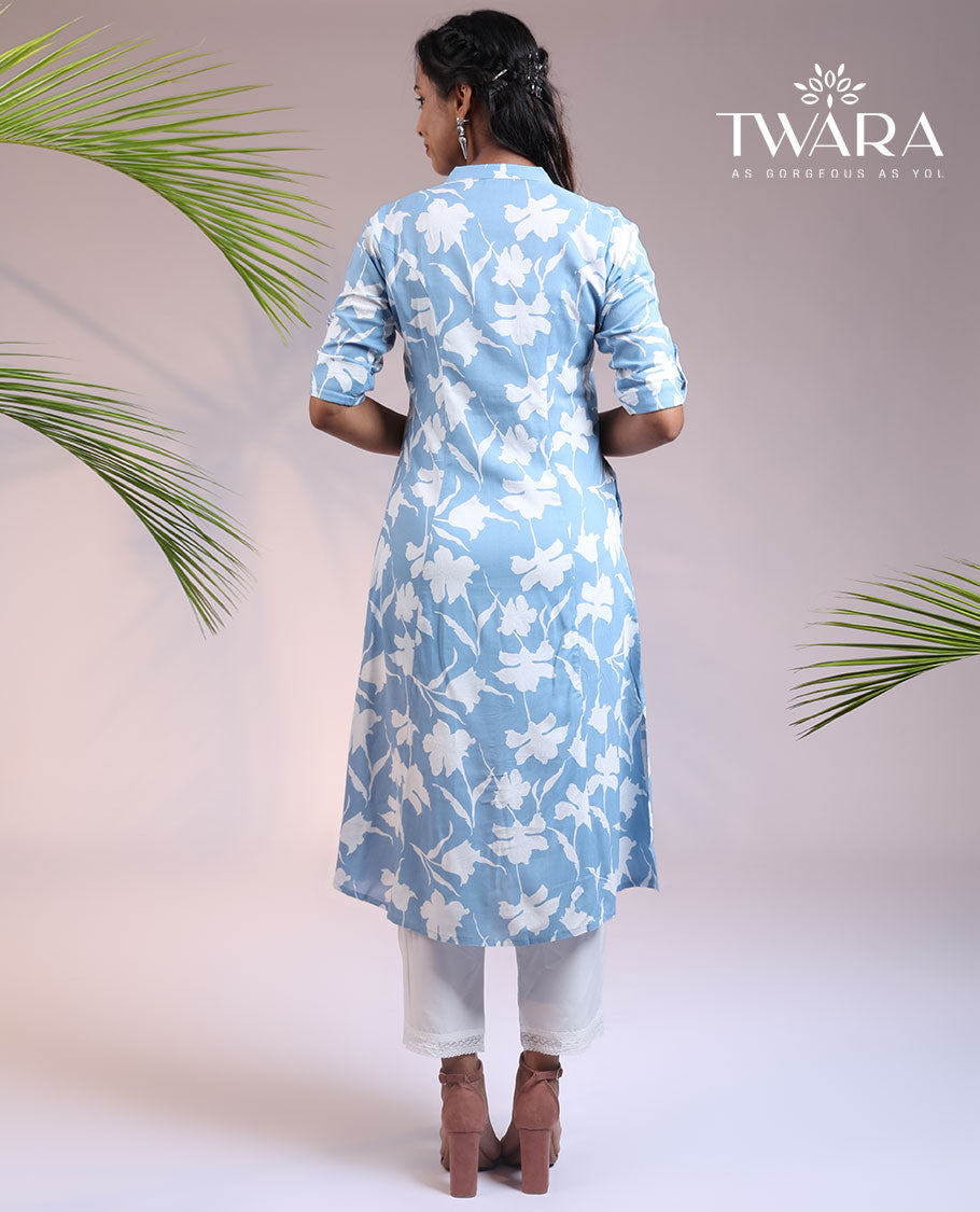 Twara blue floral vine printed Chinese collar & 3/4th sleeve rayon straight-cut below-knee kurti