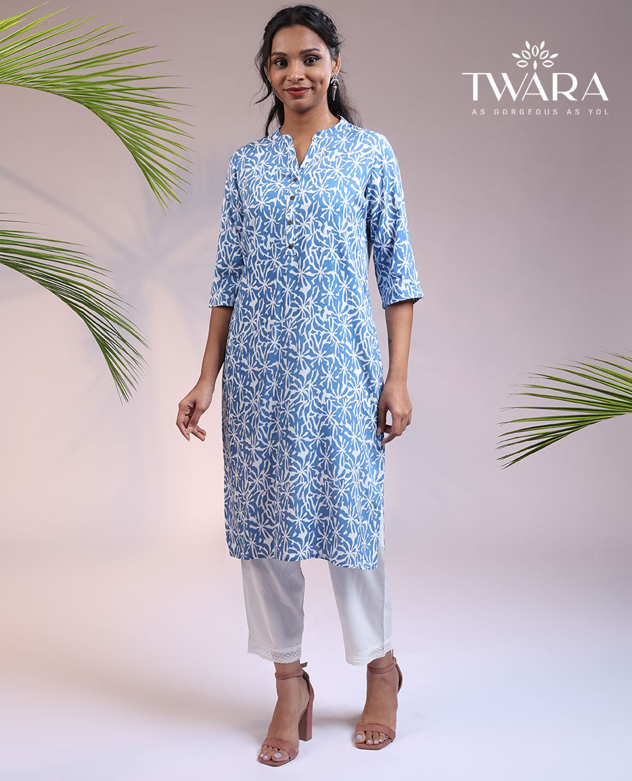 Twara blue uniquely printed Chinese collar & 3/4th sleeve rayon straight-cut below-knee kurti