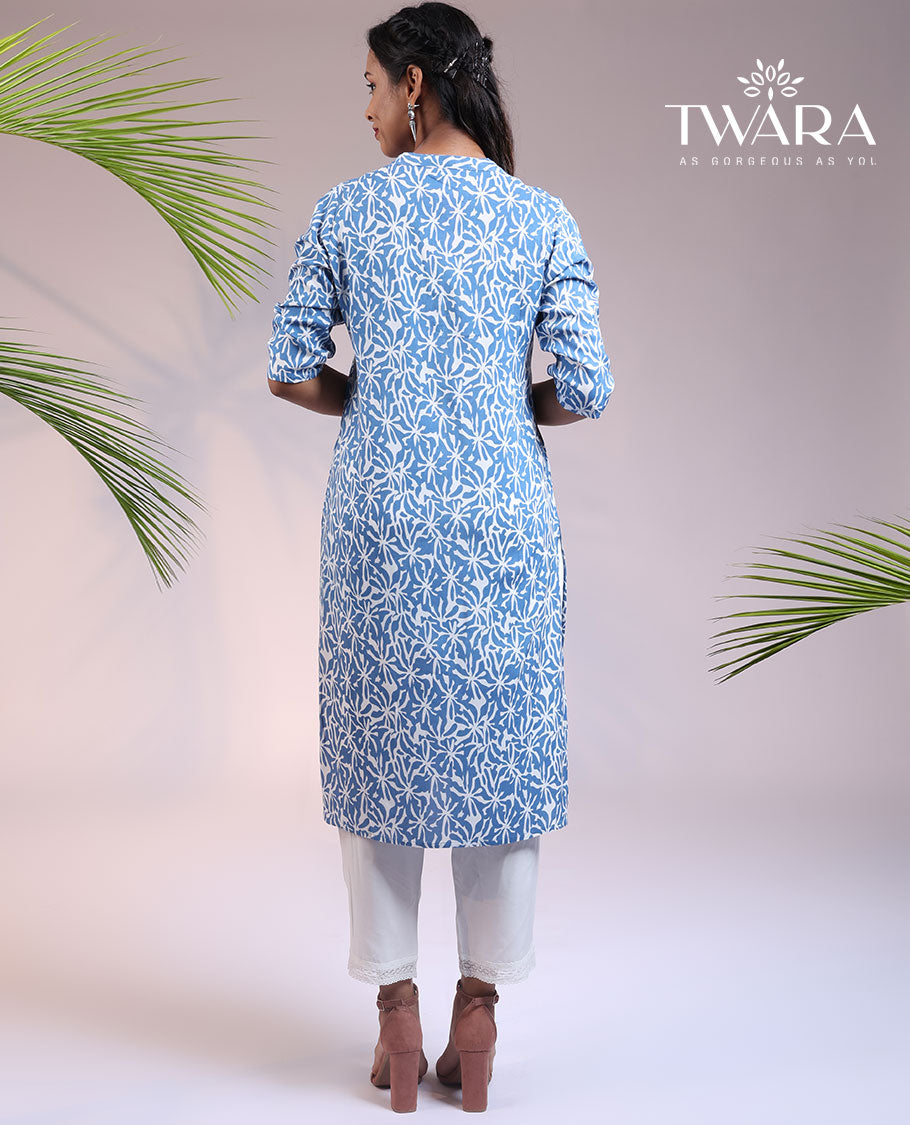 Twara blue uniquely printed Chinese collar & 3/4th sleeve rayon straight-cut below-knee kurti