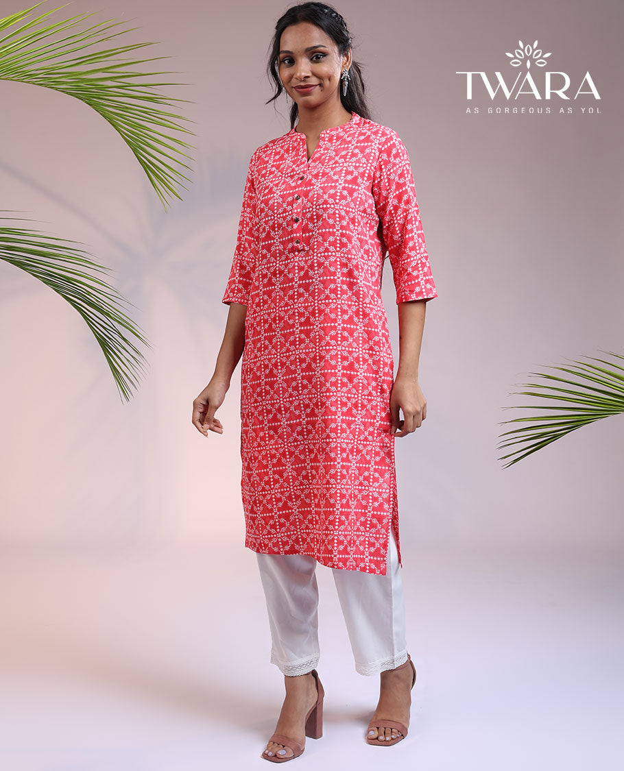 Twara pink intricately printed Chinese collar & 3/4th sleeve rayon straight-cut below-knee kurti