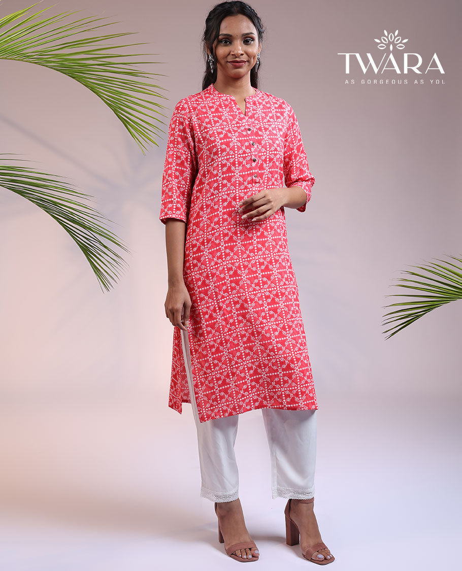 Twara pink intricately printed Chinese collar & 3/4th sleeve rayon straight-cut below-knee kurti