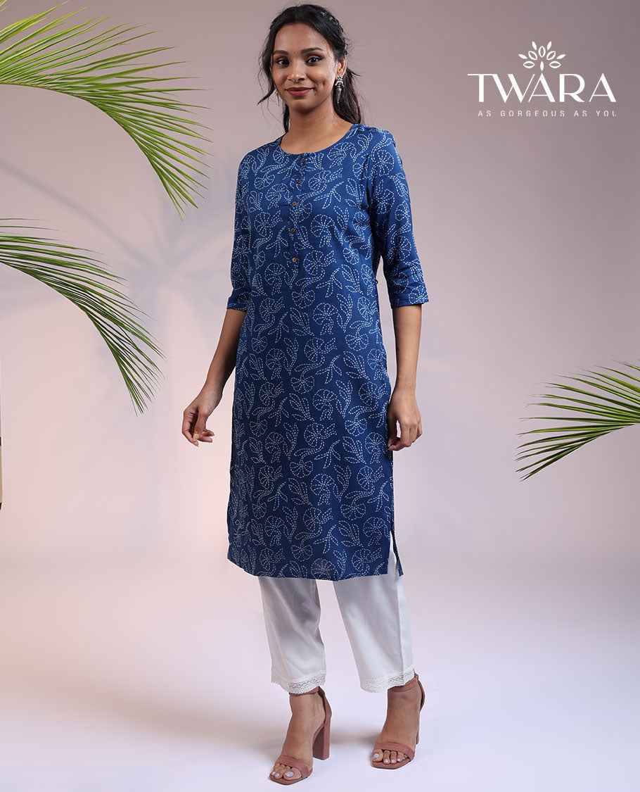 Twara blue floral print round neck & 3/4th sleeve rayon straight-cut below-knee kurti