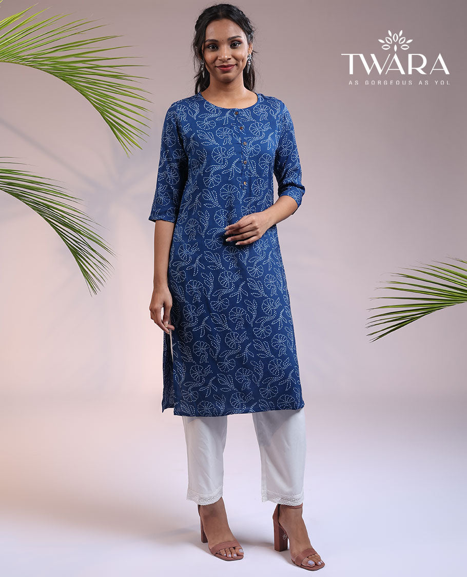Twara blue floral print round neck & 3/4th sleeve rayon straight-cut below-knee kurti