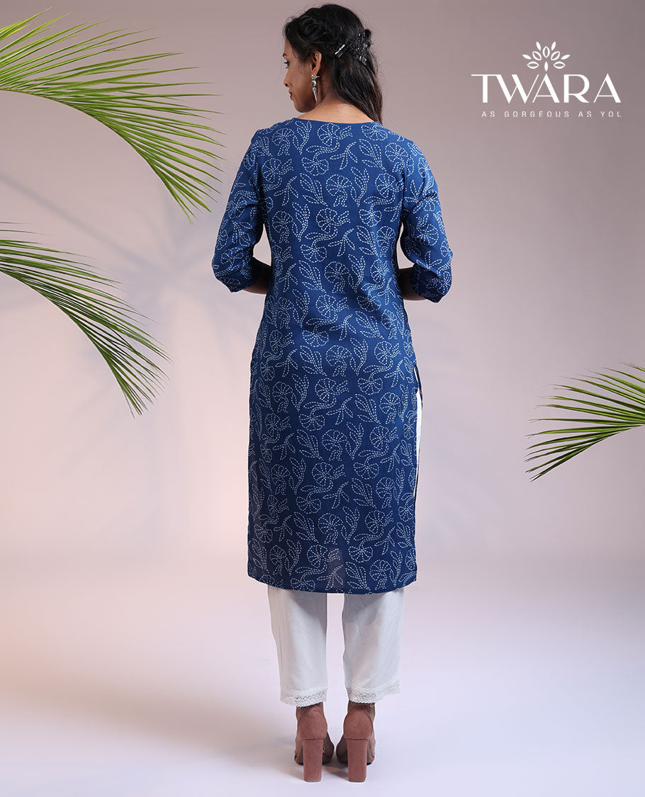 Twara blue floral print round neck & 3/4th sleeve rayon straight-cut below-knee kurti