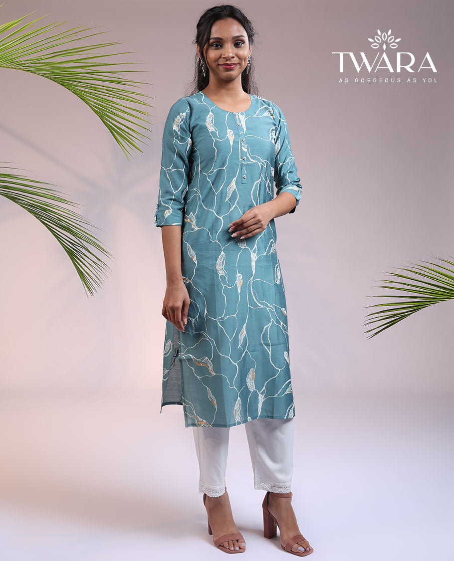 Twara blue uniquely printed round neck & 3/4th sleeve muslin straight-cut below-knee kurti