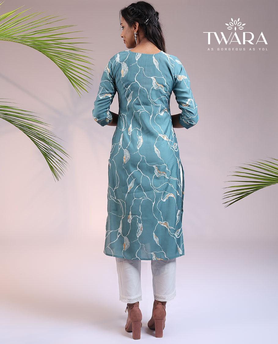 Twara blue uniquely printed round neck & 3/4th sleeve muslin straight-cut below-knee kurti