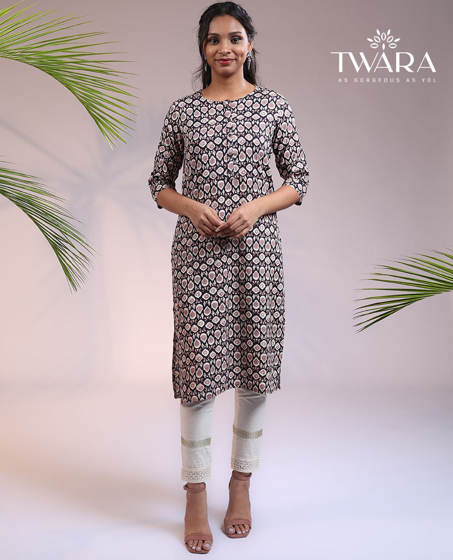 Twara black intricately printed round neck & 3/4th sleeve cotton straight-cut below-knee kurti