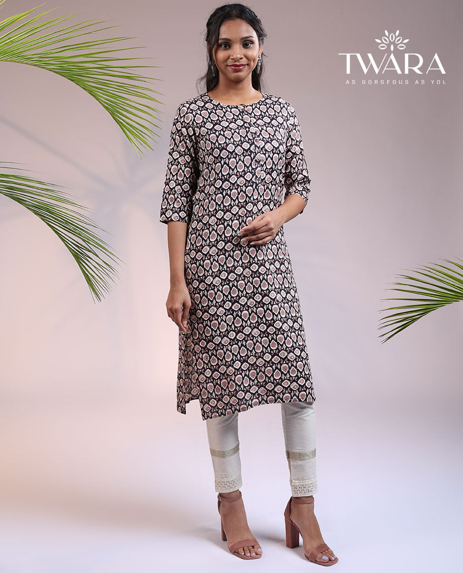 Twara black intricately printed round neck & 3/4th sleeve cotton straight-cut below-knee kurti