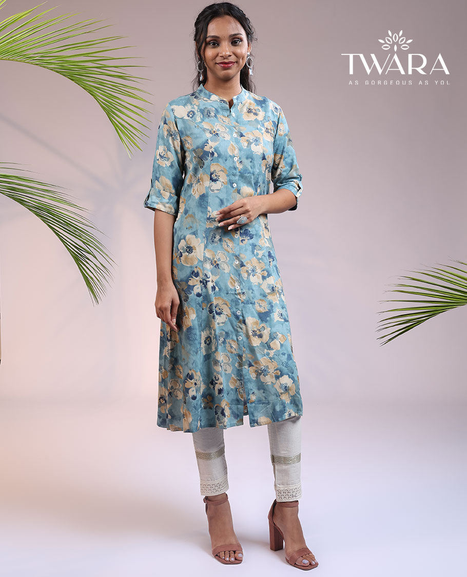 Twara blue abstract & floral printed Chinese collar & 3/4th sleeve straight-cut below-knee kurti