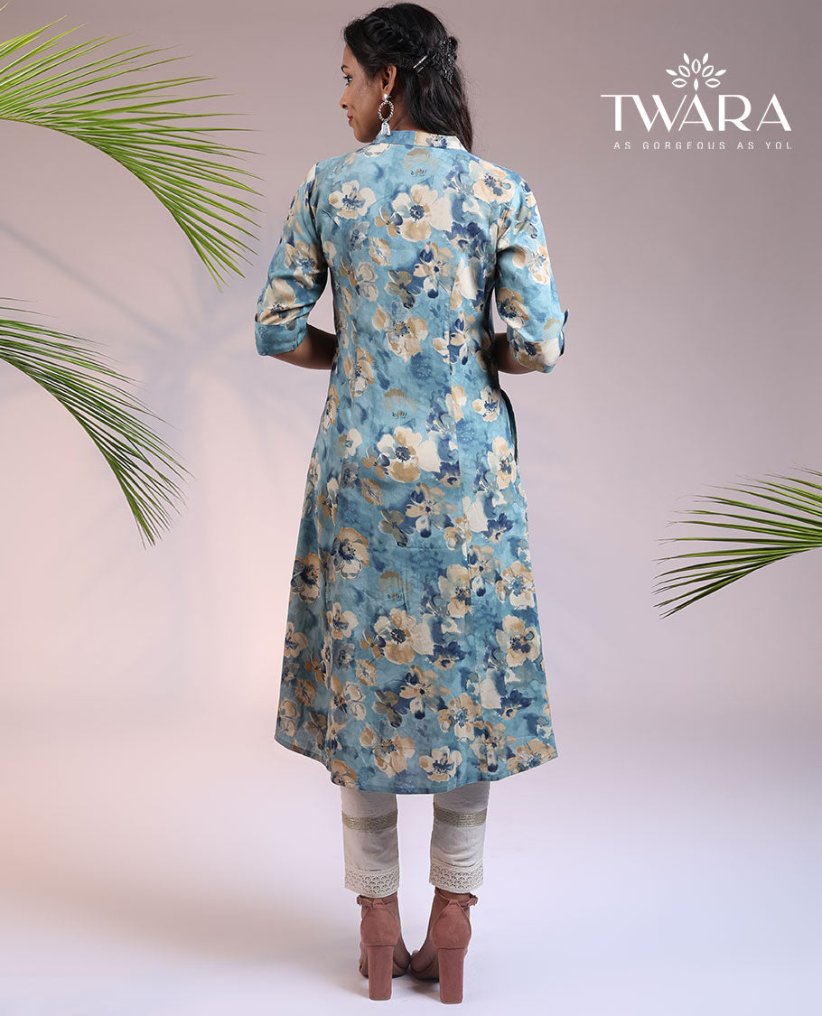 Twara blue abstract & floral printed Chinese collar & 3/4th sleeve straight-cut below-knee kurti