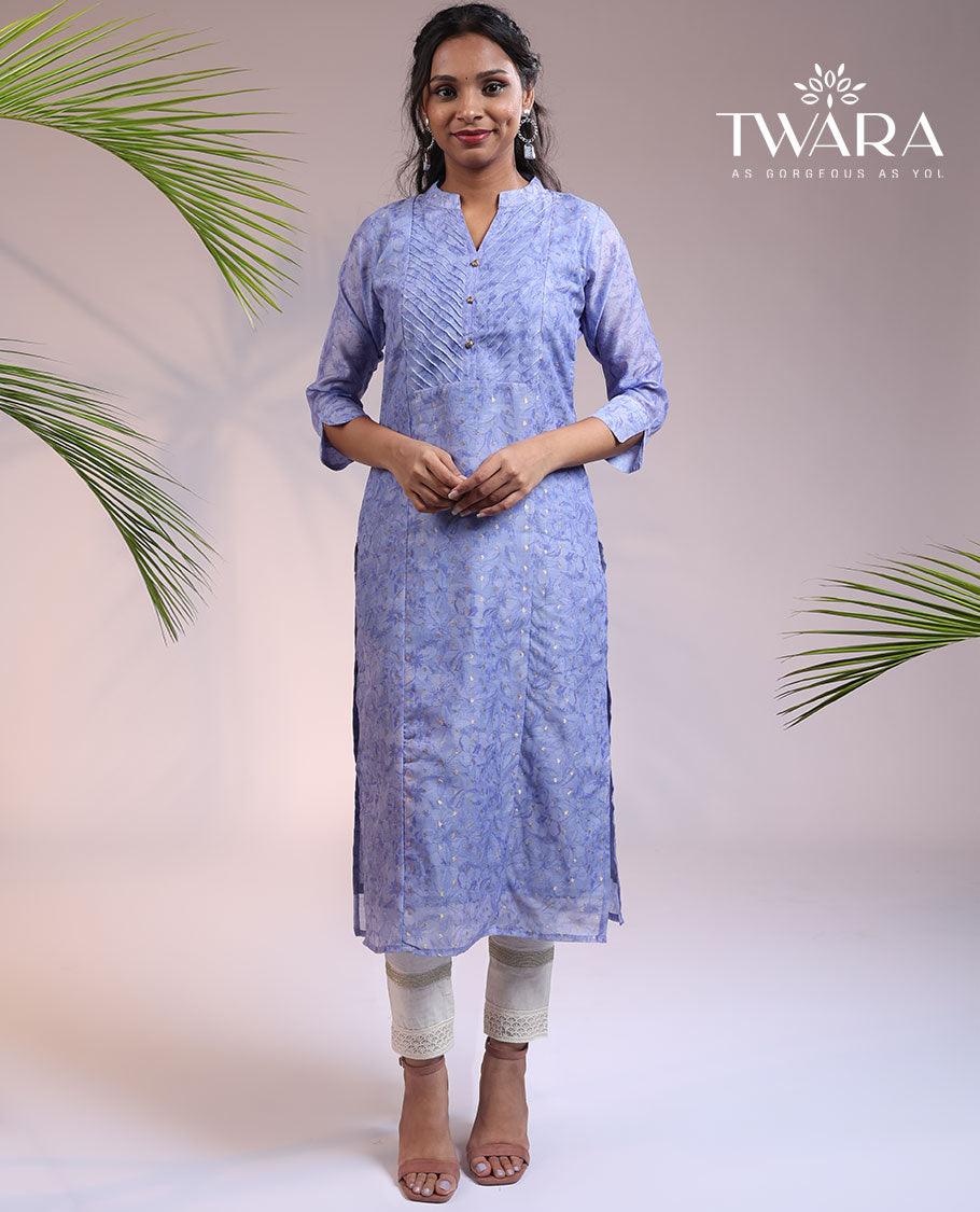 Twara lite lavender abstract-print Chinese collar & 3/4th sleeve straight-cut below-knee kurti