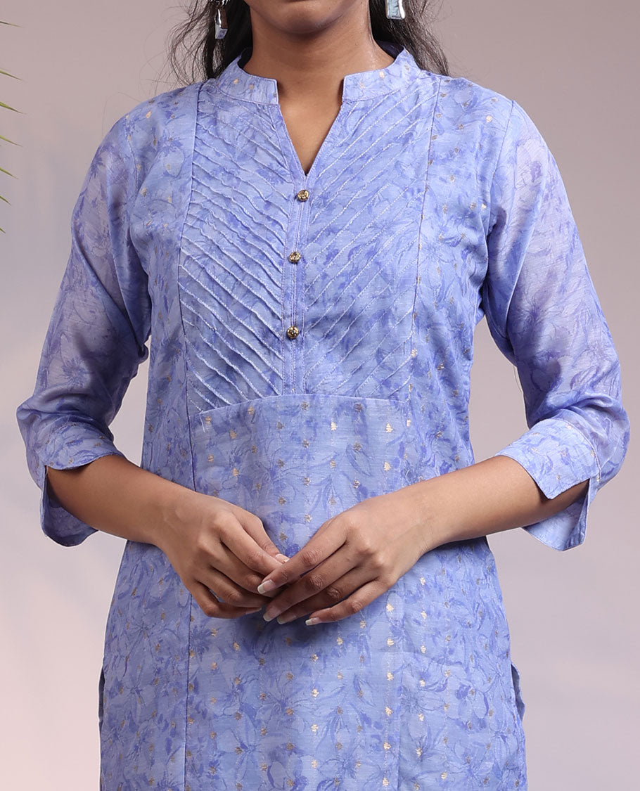 Twara lite lavender abstract-print Chinese collar & 3/4th sleeve straight-cut below-knee kurti