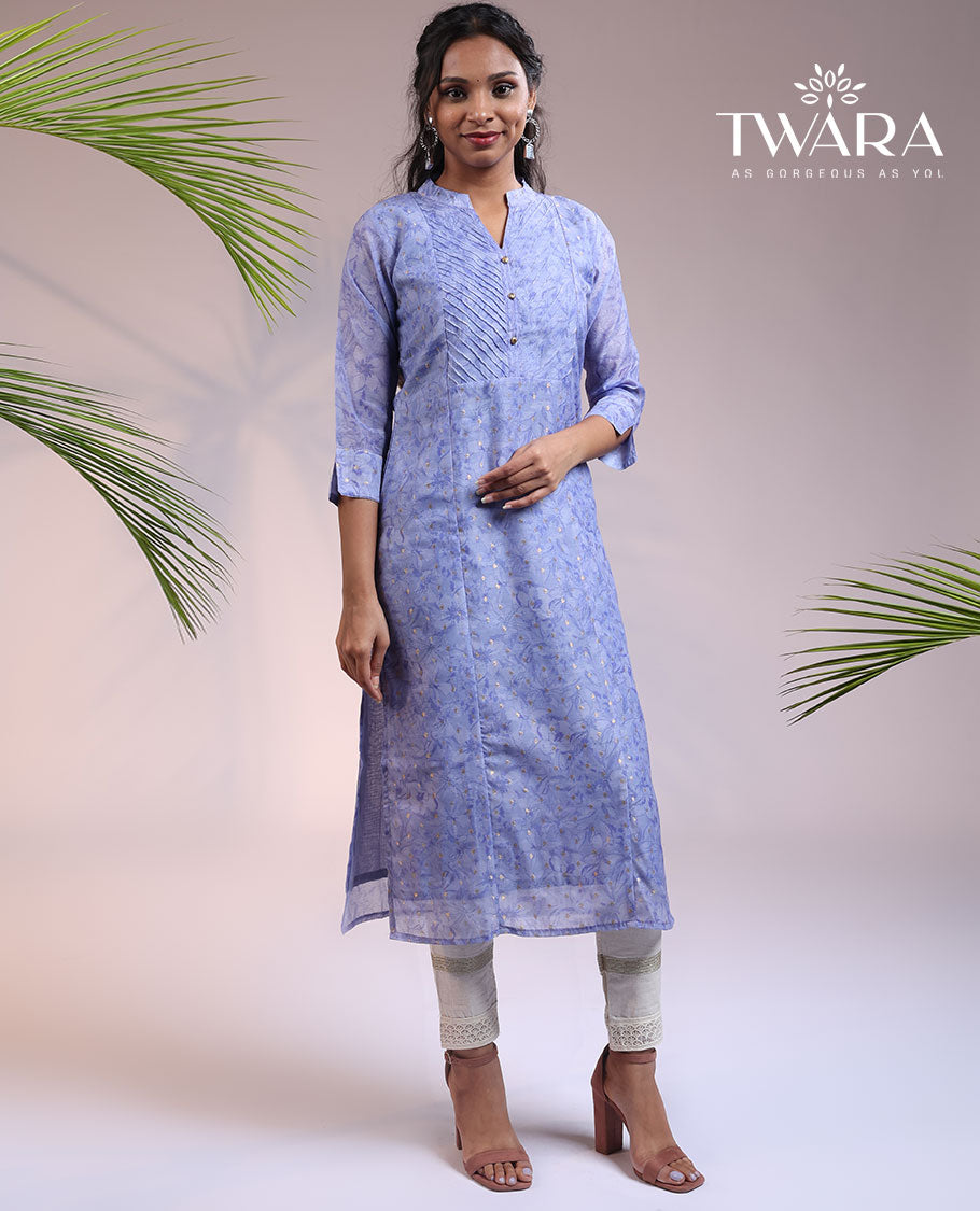 Twara lite lavender abstract-print Chinese collar & 3/4th sleeve straight-cut below-knee kurti