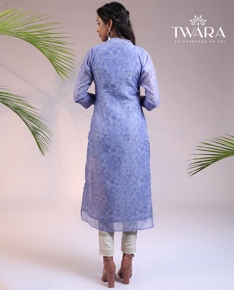Twara lite lavender abstract-print Chinese collar & 3/4th sleeve straight-cut below-knee kurti