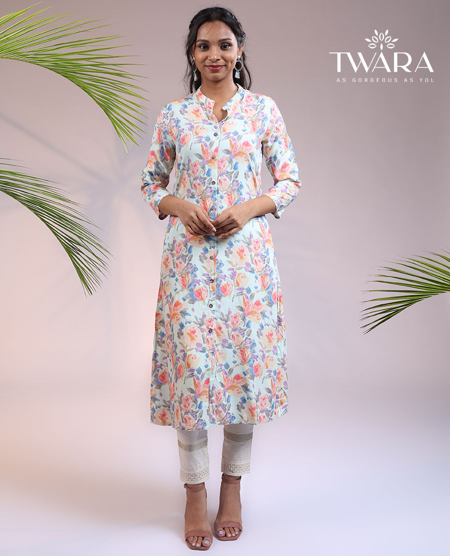 Twara multi-color tropical floral printed 3/4th sleeve & Chinese collar a-line below-knee kurti