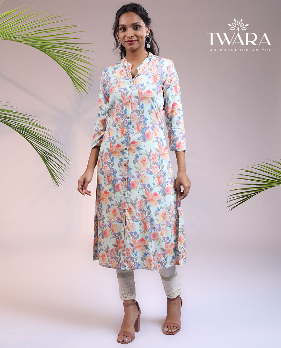 Twara multi-color tropical floral printed 3/4th sleeve & Chinese collar a-line below-knee kurti