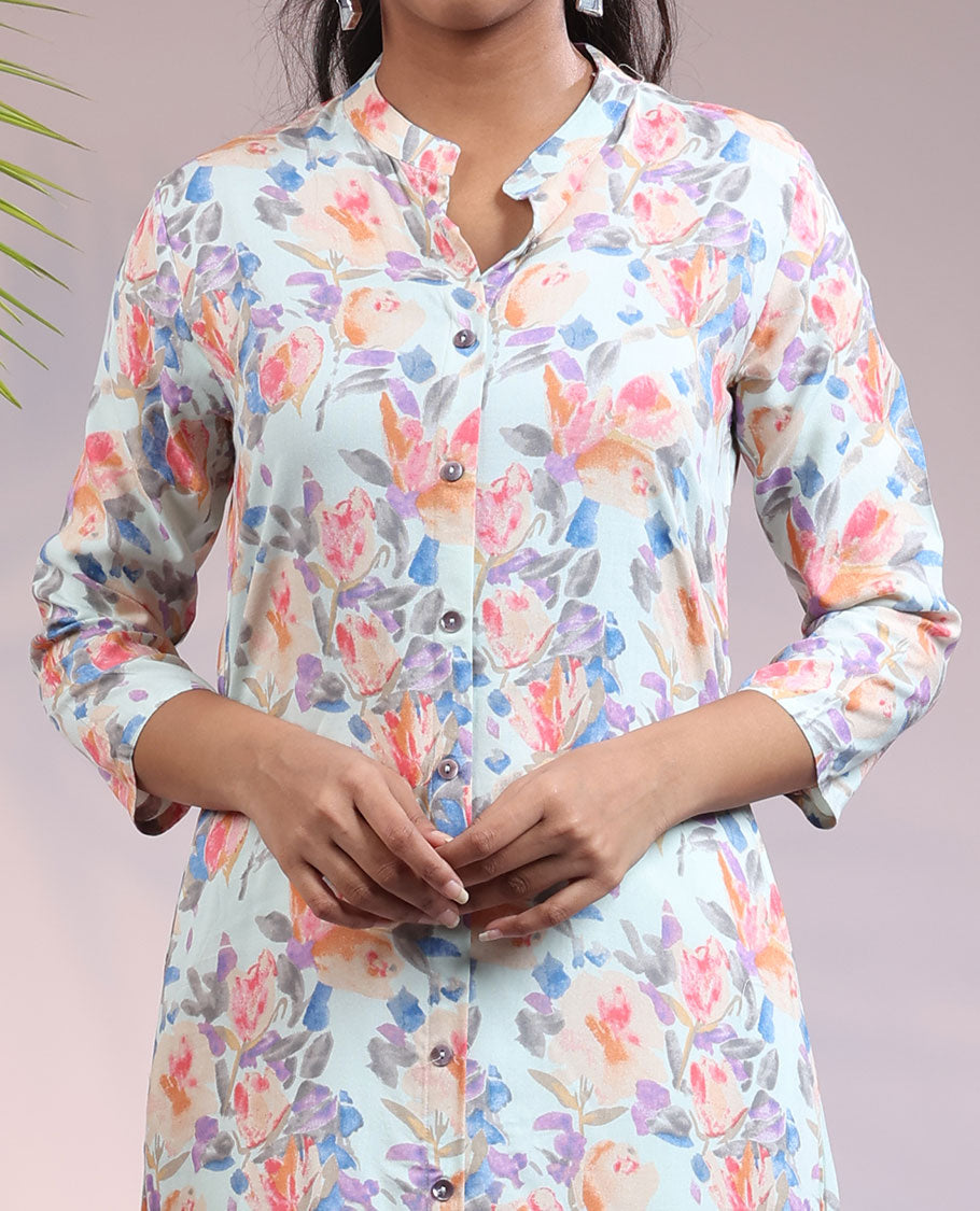 Twara multi-color tropical floral printed 3/4th sleeve & Chinese collar a-line below-knee kurti