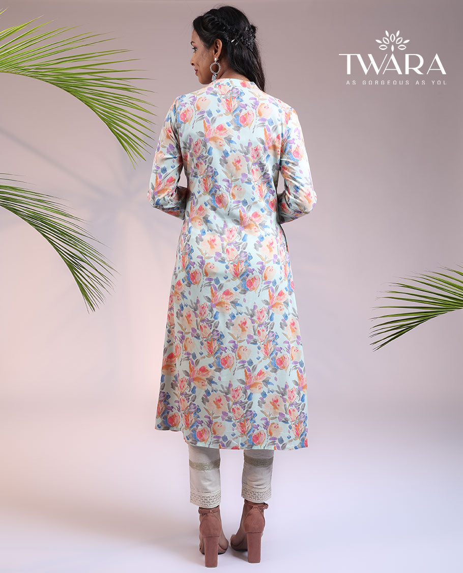 Twara multi-color tropical floral printed 3/4th sleeve & Chinese collar a-line below-knee kurti
