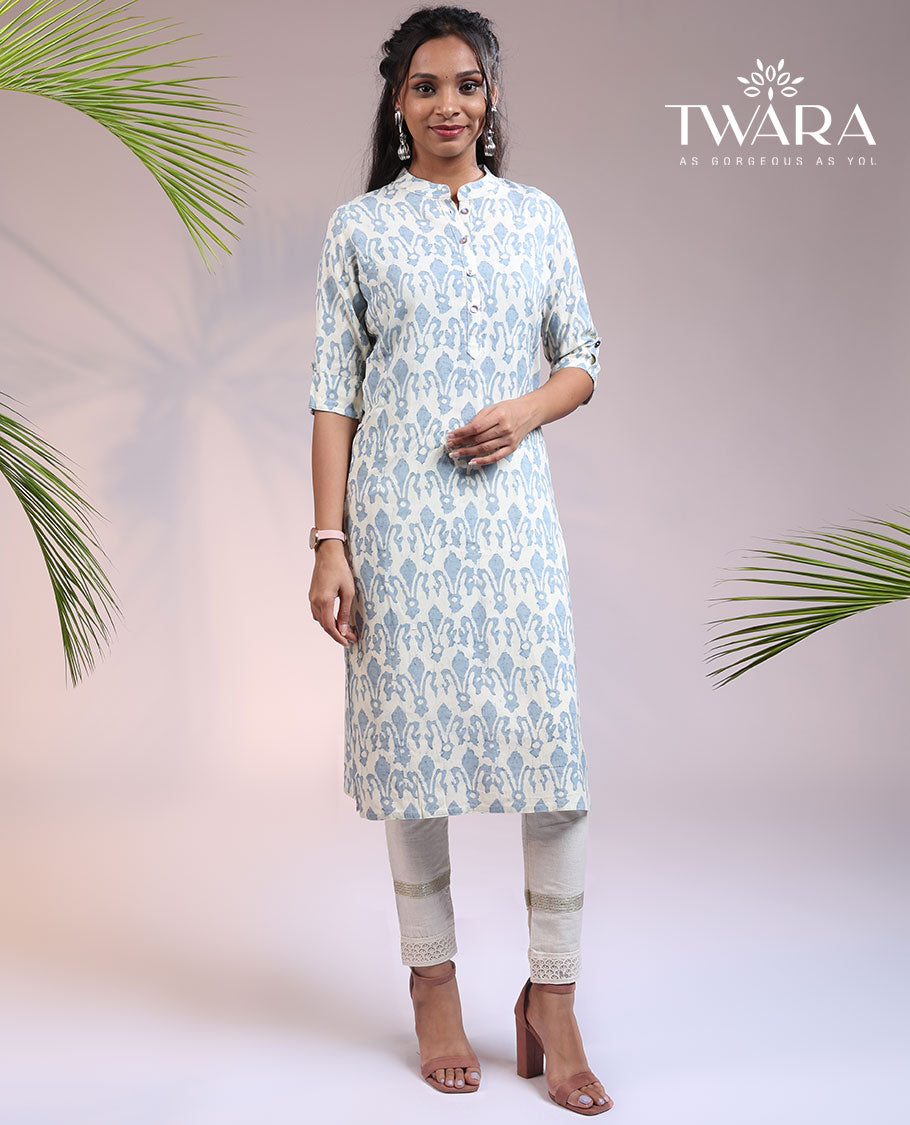 Twara off-white unique buttas printed 3/4th sleeve & Chinese collar straight-cut below-knee kurti