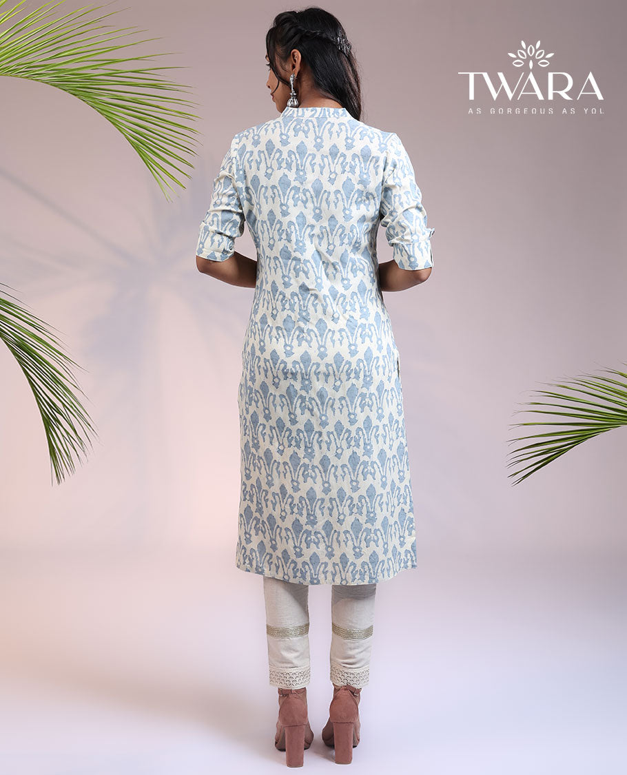 Twara off-white unique buttas printed 3/4th sleeve & Chinese collar straight-cut below-knee kurti