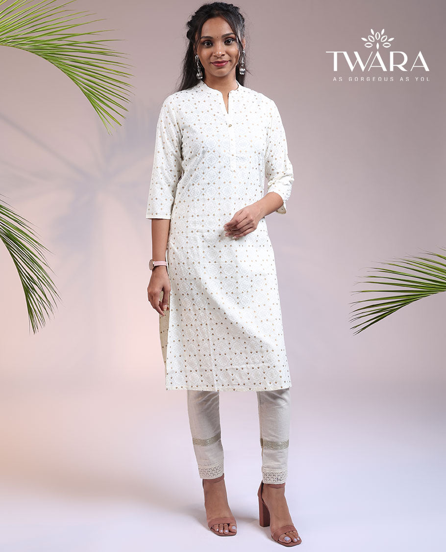 Twara off-white intricately printed with glitter 3/4th sleeve & Chinese collar cotton straight-cut below-knee kurti