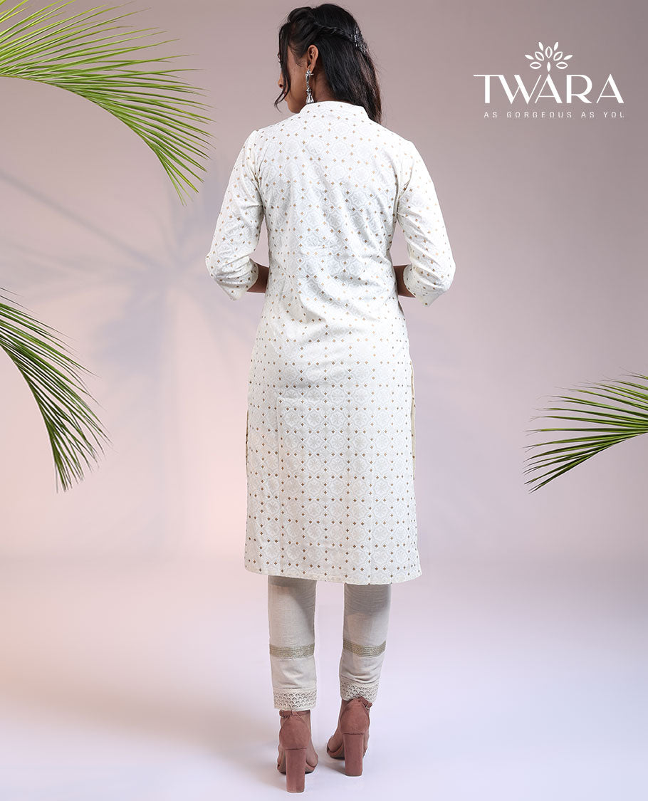 Twara off-white intricately printed with glitter 3/4th sleeve & Chinese collar cotton straight-cut below-knee kurti