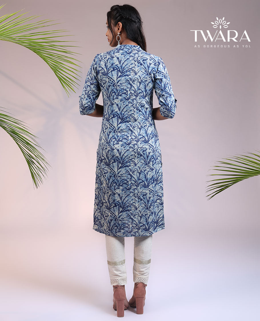 Twara blue floral printed 3/4th sleeve & Chinese collar cotton straight-cut knee length kurti